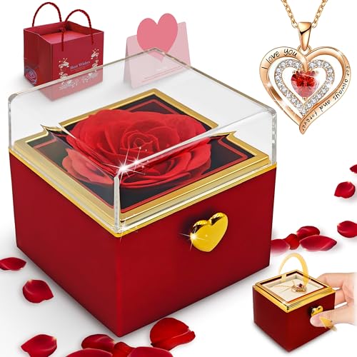 auvstar Rose Eternelle,Rose Eternel avec Collier Femme,Coffret Saint Valentin,Fleur Eternelle,Coffret Cadeau Femme avec des Boutons,Cadeau Saint Valentin Femme,Cadeau Fete des Grand Mere (RR)