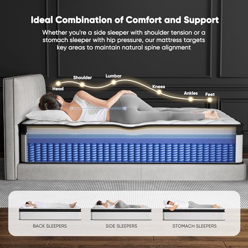 12 Inch King Size Mattress - 2025 Upgraded Hybrid Cooling Gel Memory Foam & Pocket Coils, Medium Firm Mattress in a Box for Back Neck Pain Relief, Motion Isolation, Edge Support, Breathable, White