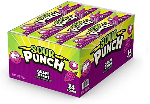 Sour Punch Straws, Soft & Chewy Grape Sour Candy, 2 oz Pack of 24