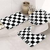 LOKLNEYK 3 Pcs Black and White Layout of A Chess Board Bathroom Rug Set Non Slip Washable Bath Mat Rug Toilet Lid Cover and Bath Waterproof Mat for Bathroom Home Decoration