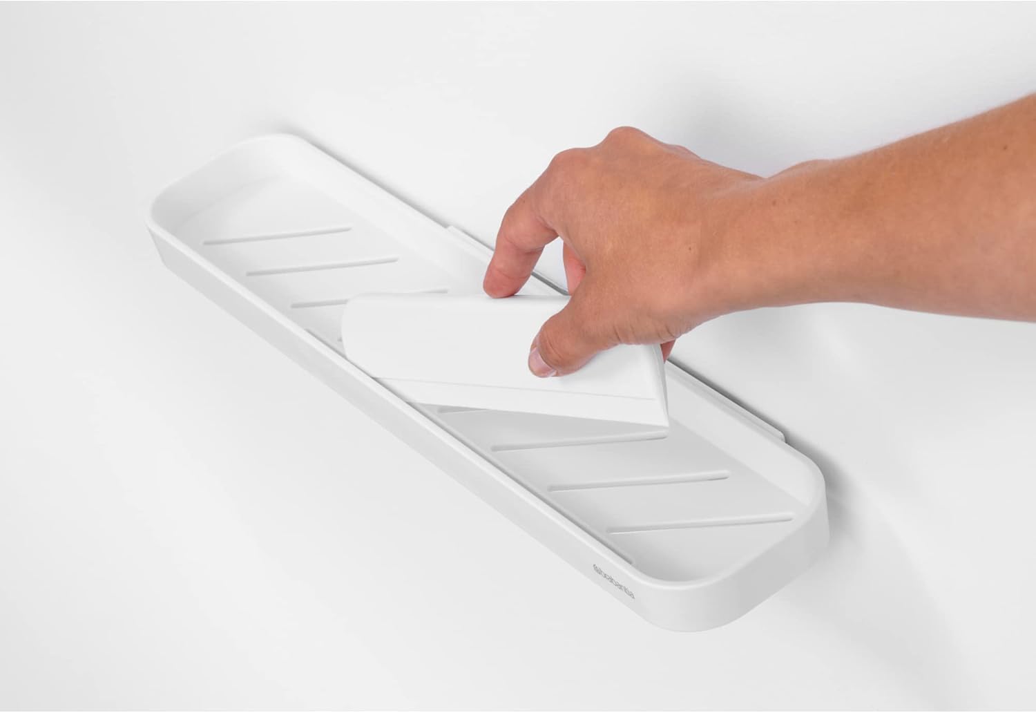 Brabantia MindSet Wall-Mounted Shower Shelf & Squeegee (Mineral Fresh White) Shower Soap, Shampoo Holder + Glass Cleaner (2.9 x 16.5 x 3.5)