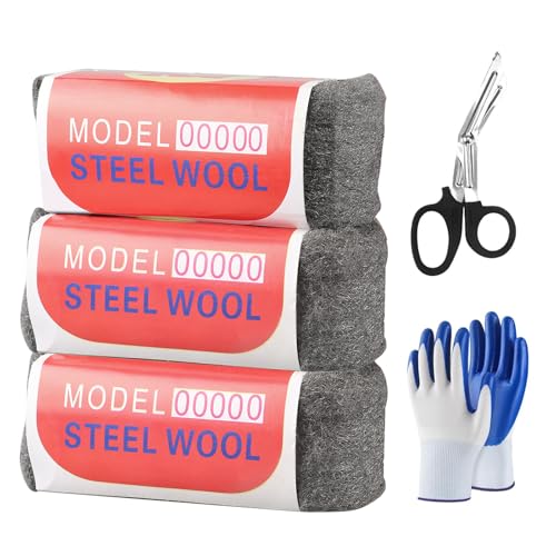 Lana de Acero,3 Rollos 00000 Lana de Acero, Lanas de Aceros Extrafina, Limpieza de Persianas de Plástico, con Tijeras y Guantes, para Rellenar Agujeros y Grietas en Paredes, Para Garajes y Jardines