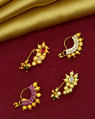 Image of Medium Size Traditional Maharashtrian Banu Nath Nose Stud without piercing Pearl Gold Plated Nath Combo Clip On Nose Ring For Women