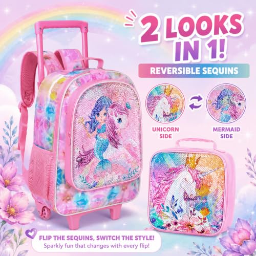 Image of CCJPX 3PCS Kids Rolling Backpack for Girls, Unicorn Sequin Roller Wheeled Bookbag Toddler Elementary School Bag with Wheels