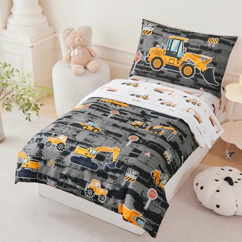 Image of PERFEMET 4 Pieces Construction Boys Toddler Bedding Set, Vehicles Cars Truck Printed Toddler Comforter Set with Sheets, Soft Reversible Excavator Grey Bed Set for Baby Boy