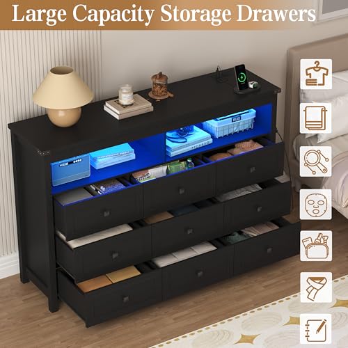 Image of Wodeer 9 Drawer Dresser for Bedroom with LED Lights, Charging Station, Wood Chest of Drawers with Metal Handles, Modern TV Stand & Storage Organizer for Living Room, Hallway, Black