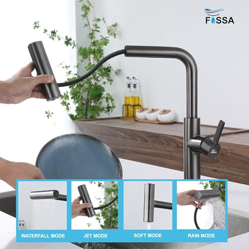 Image of Fossa Pull-Out Kitchen Faucet | Stainless Steel Sink Faucet with Single Lever Control | Rainfall & Waterfall Flow Modes | 360 Swivel Spout | Pull-Out Spray for Kitchen Sinks Black (Matte Finish)