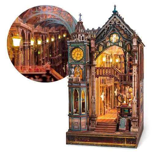FUNPOLA Magic Library Book Nook Kit LED 3D Holzpuzzle mit Infinity-Spiegel DIY Bücherregal-Dekoration Miniatur-Bastelgeschenk für Kinder und Erwachsene (Flüsternde Seiten)