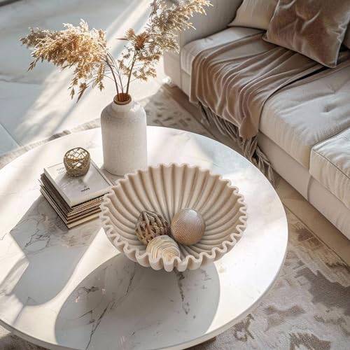 Large Decorative Bowl, Modern Handicraft Bowls for Home Decor, Decorative Fruit Bowl for Kitchen Counter, Ruffle Decor, Stylish Key Bowl for Entry Table, Artificial Stone Beige - Image 6