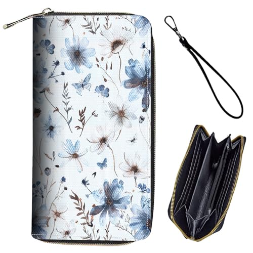 Bxgolkgd Womens Wallet, RFID Blocking Leather Wallet,Large Capacity Wallet Credit Card Holder PU Leather Ladies Clutch with Zipper Coin Pocket - Blue White Floral