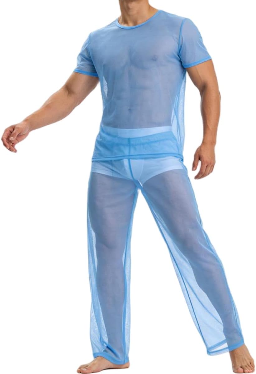 YINYOUYU Mens See Through Pajamas Set Sexy Mesh Muscle T Shirt Lounge Pants Underwear Sheer Sleepwear Clubwear