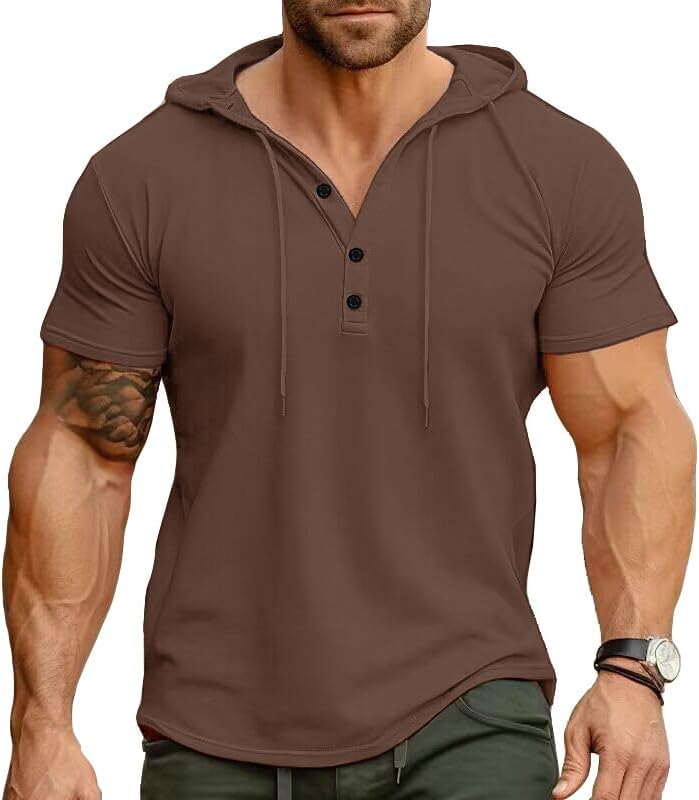 Men's Casual Short Sleeve Hoodie Pullover with Buttons and Drawstring Soft Muscle Fit Athletic Workout Top