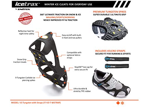 ICETRAX Pro Winter Ice Grips for Shoes and Boots - Ice Cleats for Snow and Ice, StayON Toe, Reflective Heel (V3 Tungsten with Straps, S/M (Men: 5-9 / Women: 6.5-10.5)) - Thumbnail 4