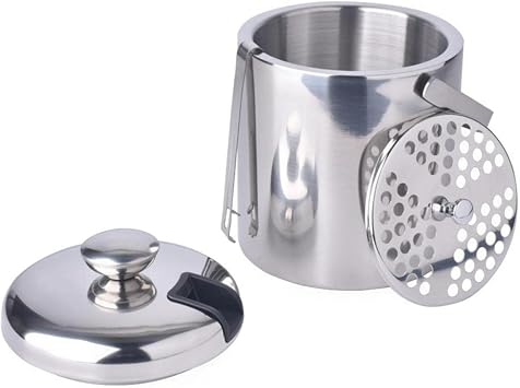 Stainless Steel Ice Bucket, Double-Layer Thermal Insulation Ice Bucket | with Lid,Strainer and Ice Tong, Perfect for Home Bar, Restaurant, BBQ, Parties, Clubs 1.3L