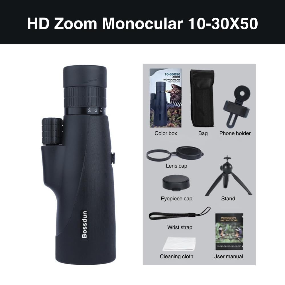Télescope monoculaire 10-30 x 50 Zoom – monoculaire HD – Prisme BAK4 et lentille FMC, étanchéité IP56, avec téléphone Portable et trépied, pour l'observation des Oiseaux Voyages Chasse randonnée