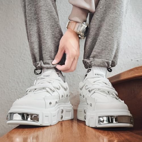 White Unisex Thick-Soled Trainers - Avant-Garde Chunky Sneakers with Punk-Inspired Metal Stud Accents - Perfect for Skateboarding, Parties & Everyday Wear3