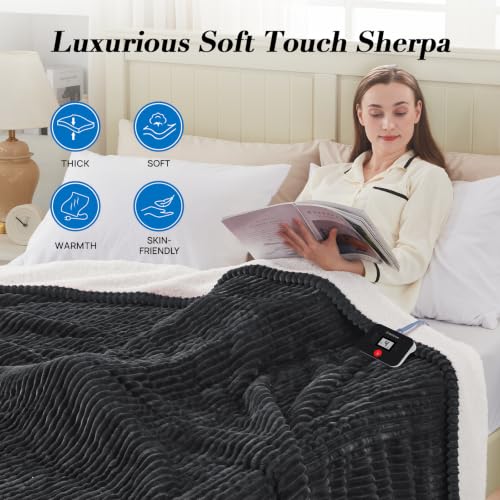 Image of Westinghouse Electric Blanket Twin, Flannel to Sherpa, 62x84 Inch, Chacoal | Twin Size Heated Blanket with 10 Heating Levels & 1-12 Hours Auto Shut Off, Fast Heating Warming Blanket, Machine Washable