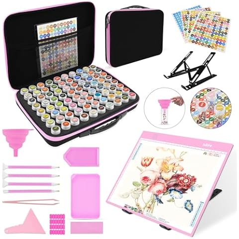 Mlife Diamond Painting Storage Boxes,1 Diamond Painting A4 Light Box Tracing Light Board with 3 Brightness, 80 Slots Bead Storage with 5D Diamond Art Accessories and Tools Kit（Pink） Cover