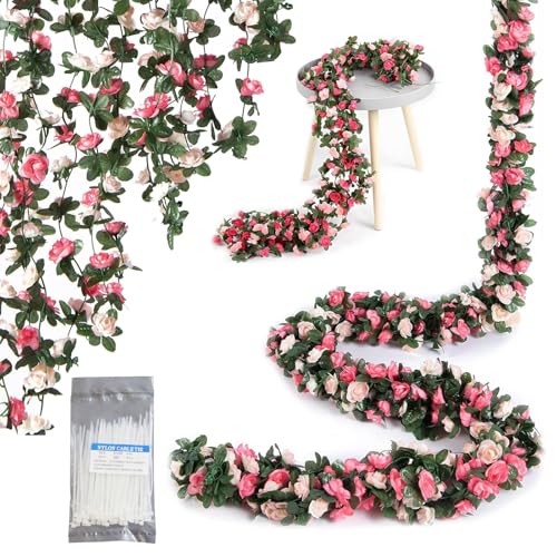 3Pack Flower Garland, Flower Decoration Fake Rose Vines Hanging Garland- 45 Simulated Roses
