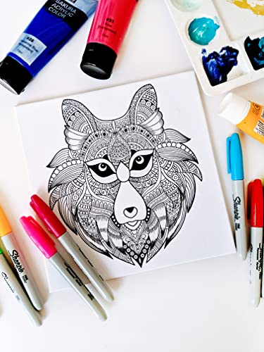 Wolf Coloring Canvas For Adults, Stretched primed canvas to color 8 x 8 Inches