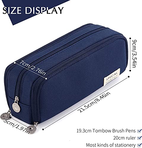 Image of OSDUE Pencil Case, Large Capacity Canvas Pencil Pouch, 3 Compartments, Elastic Pen Slots, Mesh & Card Pockets, Organizer for School, College, Office, Travel, Students, Teens, Girls (Navy Blue)