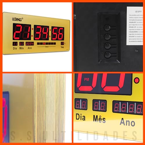 Relógio De Parede Digital Led Grande 52cm Termômetro Calendário 12 e 24h bivolt (Dourado)
