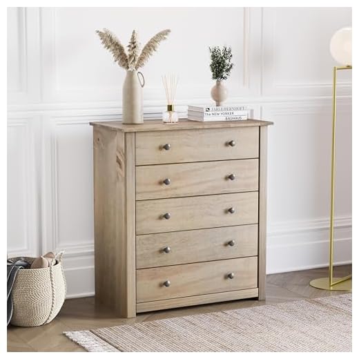 Vida Designs Panama 5 Drawer Chest Solid Pine Wood Waxed Oak Finish