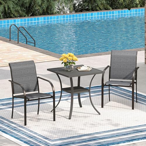 Image of VICLLAX Small Patio Dining Table, 28 inchx 28 inch Square Metal Slatted Table with Storage Shelf for Front Porch Deck Lawn Garden, No Umbrella Hole, Dark Grey Tabletop