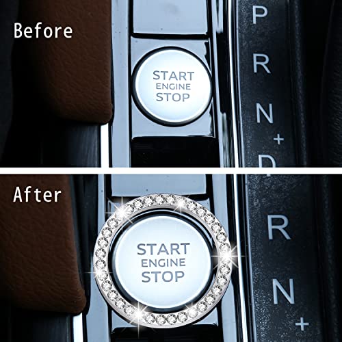 Livtee 2 Pcs Crystal Rhinestone Car Engine Start Stop Decoration Ring, Bling Car Interior Accessories For Women, Push To Start Button Cover/Sticker, Key Ignition & Knob Bling Ring, White #TOP4