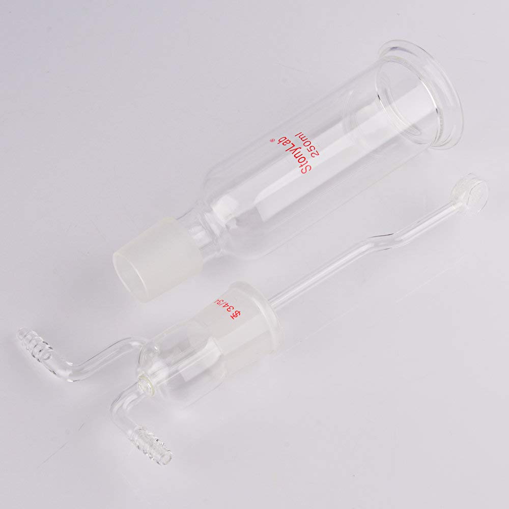 stonylab Botella de Lavado de Gas, Vidrio de Borosilicato Tapón de Gas 34/34 Gas Burbujeador Botella de Lavado con Disco Fritado y Entrada de 8 mm de Diámetro Exterior/Mangueras de Salida, 250 ml