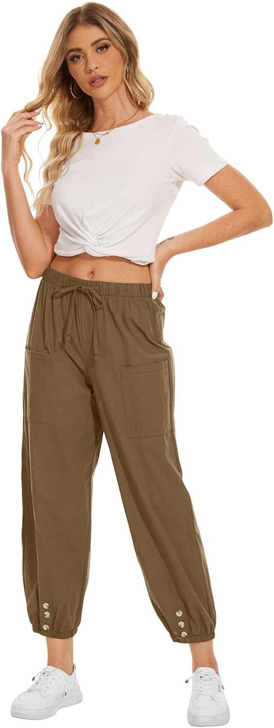 WROLEM Womens High Waist Pants Drawstring Wide Leg Cropped Casual Loose Capris with Pockets for Women - Image 3