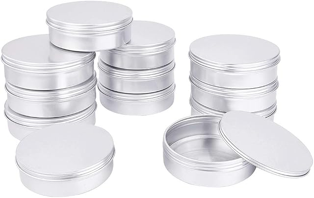 PandaHall 150ml 12 Pack Aluminum Tin Jars, Round Metal Tin Cans Aluminum Tin Flat Storage Container with Screw Cap Lid for DIY Beauty, Cosmetics, Candle Travel Tins or Storage Survival Kit