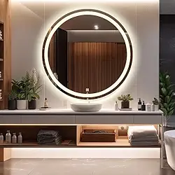 Espelho jateado parede lapidado decorativo redondo 60x60cm luz led touch Screen Dimerisável luxo Iluminado Pendurador - Led quente, neutro ou frio (Led Neutro 4000k)