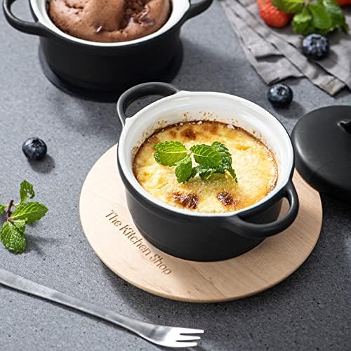 vancasso Ceramic Ramekins with Lid, Souffle Dish Black Mini Round Casserole Dish Soup Dishes, 7 oz Porcelain Ramekins Set of 4, Series Morandi