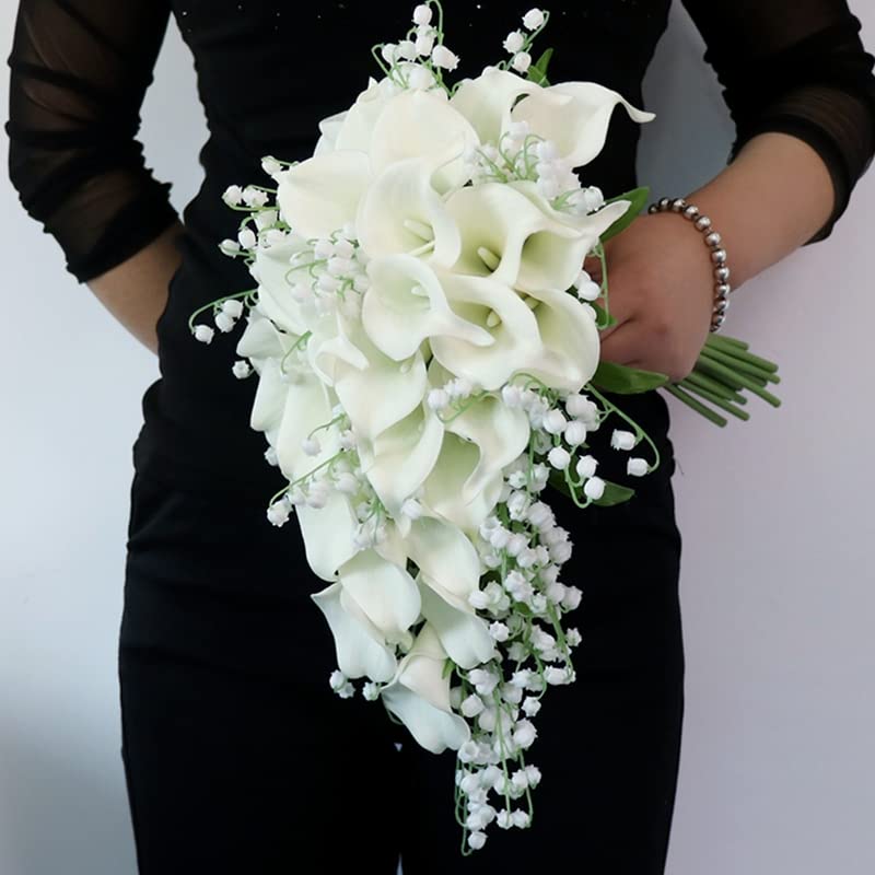 HXSCOO Hochzeitskollektion Gefälschte Calla-Lilien Maiglöckchen Cascading Brautstrauß Wasserfall-Stil Küche, Haushalt & Wohnen