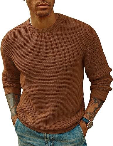 Image of ColorChakra Waffle Knit Mens Sweater Woolen Round Neck Wool Pullover