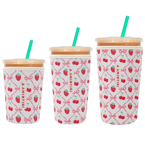 Image of 3 Pack Reusable Neoprene Sleeve for Iced & Hot Drinks, Compatible with Starbucks, Dunkin' Coffee Cup (Cherry & Strawberry)