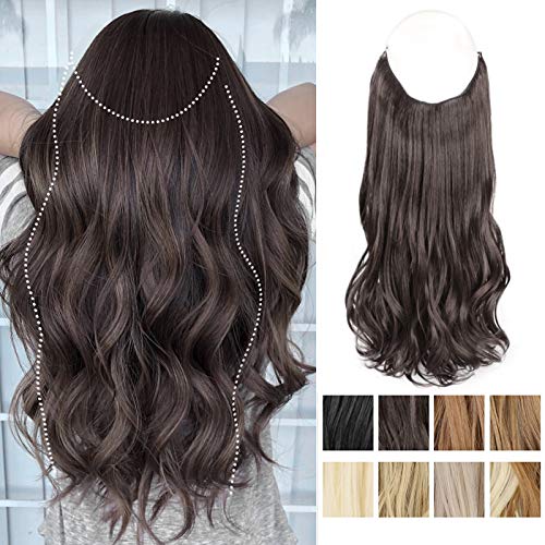 Stamped Glorious Wavy Halo Secret Hair Extensions Brown Synthetic Natural Wavy Hairpiece Hidden Wire Crown Headband Hair Pieces for Women(16 Inch, Dark Brown)