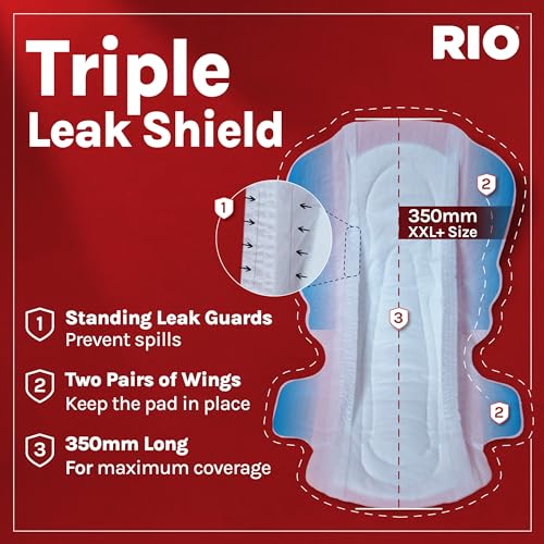 Image of RIO Heavy Flow XXL Sanitary Pads 40 Pieces (Pack of 4) with 350mm coverage, Side Leak guards, Wings for Heavy Flow, 2X High Absorption with Leak Proof Side Walls, Anti-Bacterial, Double Wings.