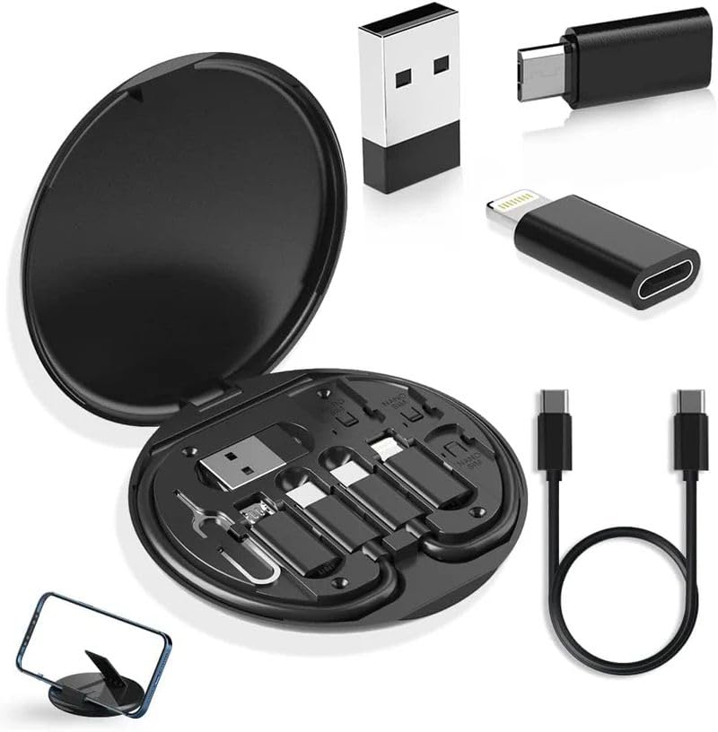 USB-C to Lightning Adapter Cable Conversion Kit, Multi-Type Charging Convertor with Storage Box, SIM Card Tray Eject Pin, Phone Holder, Black-image-0