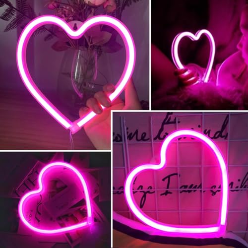 Image of 4PK Pink Heart Neon Sign, Battery Operated or USB Powered LED Heart Lights for Valentines Day Decoration, Valentines Gifts for Wife Wedding Proposal Anniversary Mother's Day Girls' Room Wall Decor