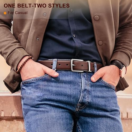 Image of CIMONI Reversible Leather Belt for Men | Genuine Leather & Vegan Leather Pin Buckle Belt | Classic Black /Brown Adjustable Belt for Formal, Business, Office & Casual Wear
