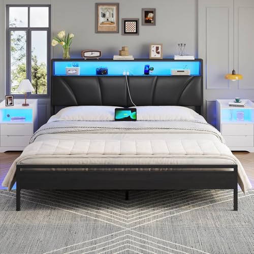 Brinlawb Cadre de lit 160x200 avec Sommier Métal Lit 2 Personnes avec Lumières LED et Multiprise (2 Prises AC, 2 Ports USB) lit Double 160x200 cm avec...