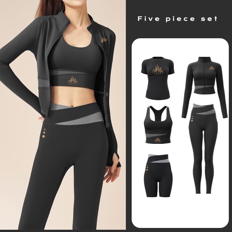 Women Activewear Gymwear Yoga Suit Athleisure Five Piece Set, T-Shirt, Jacket, Sports Bra, Leggings, Running Shorts - Image 2