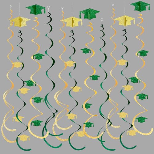 Image of 24Pcs Green Gold Graduation Grad Cap Hanging Felt Swirl Streamer Spiral Ceiling Garland for Congrats Grad You Did It Class of 2026 We are So Proud of You I'm Done Themed Party Decorations Supplies