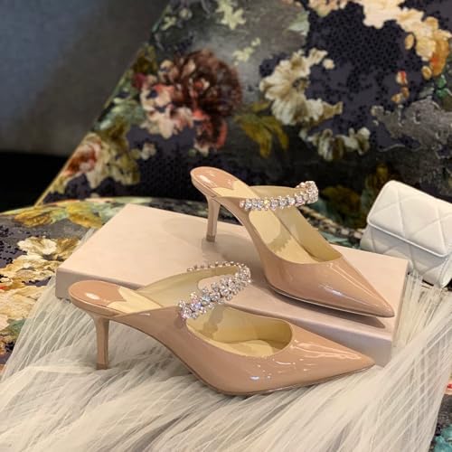 Image of XINIUNIU Heeled Mules for Women Rhinestone Heels Pointed Toe Slip On 2.5 Inch Kitten Stiletto Closed Toe Sandals Dress Wedding Pump Shoes