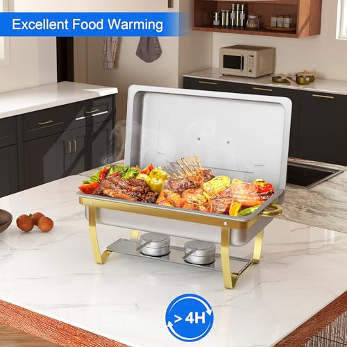Chafing Dish Buffet Set - HARDURA 4 Packs 9.5QT Stainless Steel Food Warmer, Leak-Proof & Foldable Design, 4+ Hours Insulation, for Buffet Servers and Warmers, Ideal for Catering, Party（Gold） - Thumbnail 6