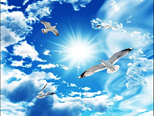 Tapete 3D Wandbild Blauer Himmel Weiße Wolken Fliegende Möwen Fototapete 3D Effekt Vliestapete Wohnzimmer Schlafzimmer Wanddeko Cover