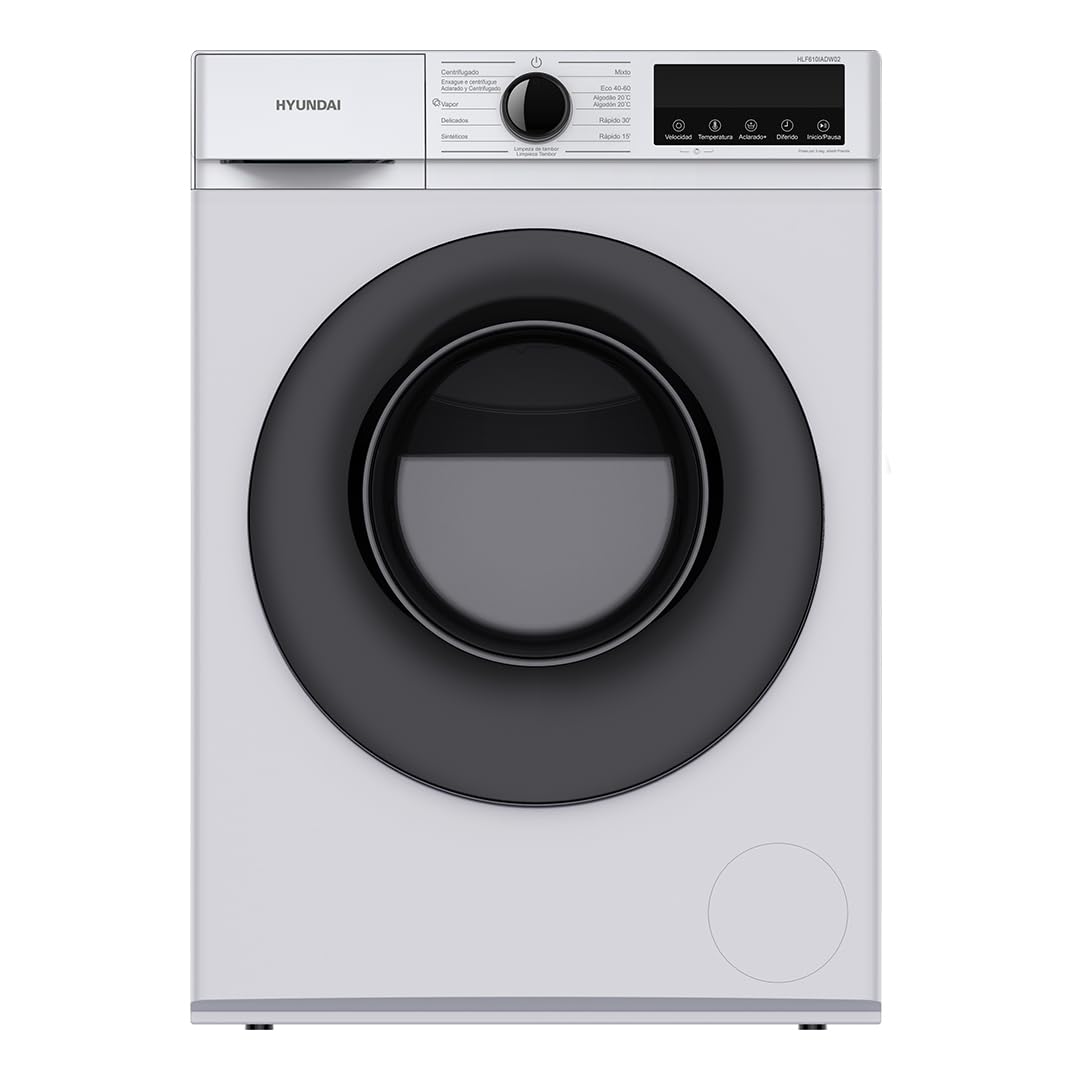 Hyundai Lavadora 6Kg Carga Frontal Blanco HLF610IADW02. 1600W, 1200rpm, Motor Inverter, 11 Programas, Función Stop&Go, Tambor Diamante, Clase de Eficiencia Energética A