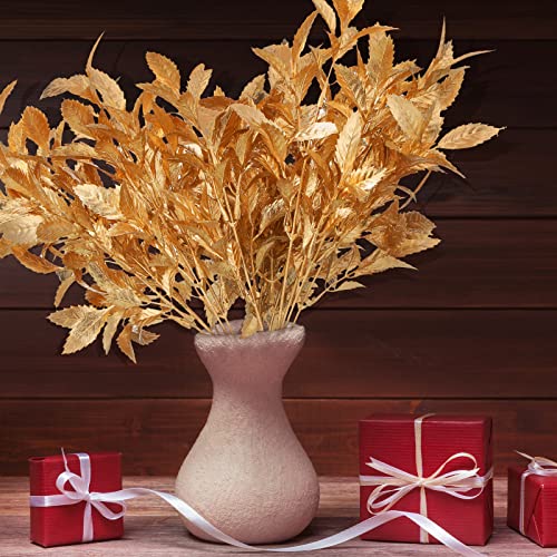 Gold Leaves Artificial Plants For Christmas Decoration, Plastic Grass Fake Shrubs Simulation Leaves Golden Flowers Home Indoor Outdoor Diy Planter Vase Filler Garden Wedding Xmas Decoration (12 Packs) #TOP4